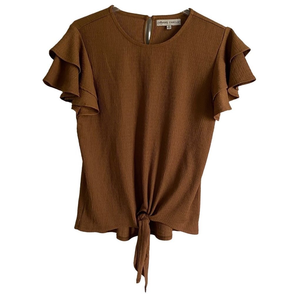 Absolutely Famous Brown Ruffle Short Sleeve Top with Front Tie Women's Med NEW